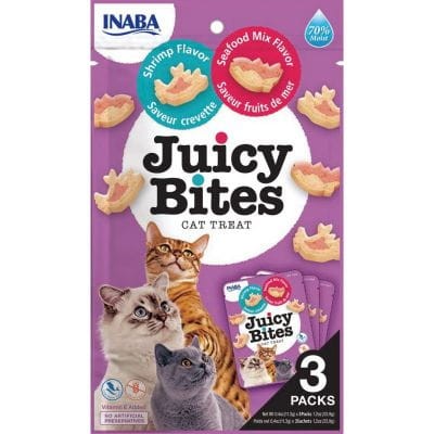 Inaba Juicy Bites Krewetki i Owoce Morza 3 x 11,3 g, Wyjątkowo SOCZYSTE Miękkie Przysmaki, AŻ 70% Wilgotności! Zapakowane w 3 oddzielne Torebki!
