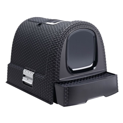 Curver Eco-Friendly Kuweta Kryta z Filtrem Węglowym i Szufladą,  51x38,5x39,5cm, Antracyt, Wzór Rattanu!