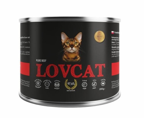 Lovcat PURE Czysta Wołowina 200g, Bardzo Duża Dawka Tauryny! Dodatek DL-Metioniny Zakwaszającej Mocz!