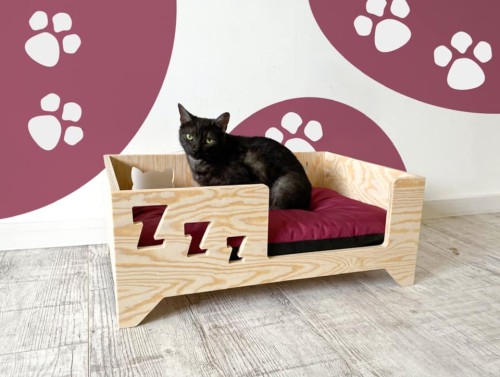 PetBed Legowisko Łóżko Dla Kota Ze Sklejki Sosnowej z Poduchą z Kodury 80x60 cm,  bordowy, Polski Producent! 