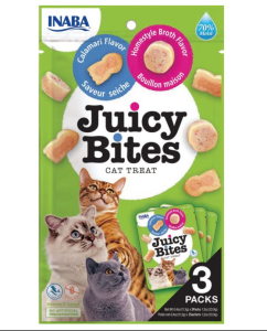 Inaba Juicy Bites Bulion i kalmary 3x11,3 g, Wyjątkowo SOCZYSTE Miękkie Przysmaki, AŻ 70% Wilgotności! Zapakowane w 3 Oddzielne Torebki!