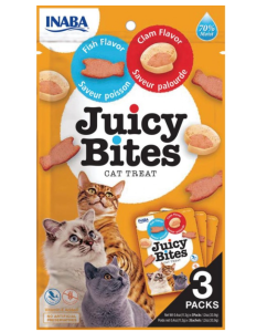 Inaba Juicy Bites Ryba i małże 3x11,3 g, Wyjątkowo SOCZYSTE Miękkie Przysmaki, AŻ 70% Wilgotności! Zapakowane w 3 Oddzielne Torebki!