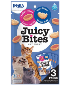 Inaba Juicy Bites Tuńczyk i kurczak 3x11,3 g, Wyjątkowo SOCZYSTE Miękkie Przysmaki, AŻ 70% Wilgotności! Zapakowane w 3 Oddzielne Torebki!