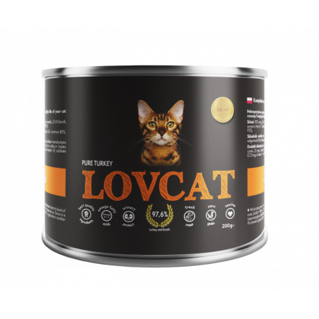 LOVCAT PURE Czysty Indyk 200g, Bardzo Duża Dawka Tauryny! Dodatek DL-Metioniny Zakwaszającej Mocz!