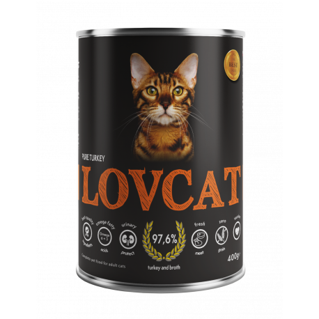 LOVCAT PURE Czysty Indyk 400g, Bardzo Duża Dawka Tauryny! Dodatek DL-Metioniny Zakwaszającej Mocz!