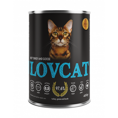 LOVCAT Indyk z Gęsią 400g , Bardzo Duża Dawka Tauryny! Dodatek DL-Metioniny Zakwaszającej Mocz!