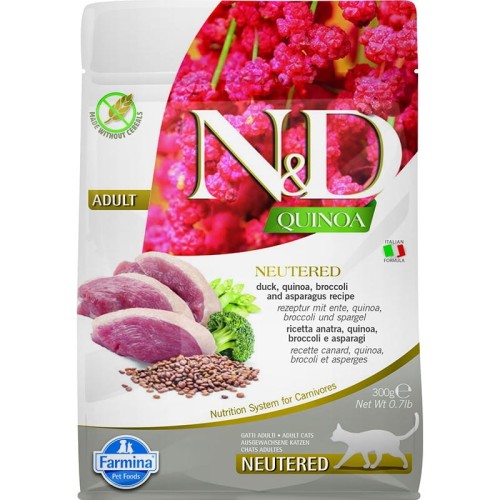 N&D Cat Quinoa Kaczka z Quinoa, Brokułami i Szparagami dla Kotów Sterylizowanych 300g  