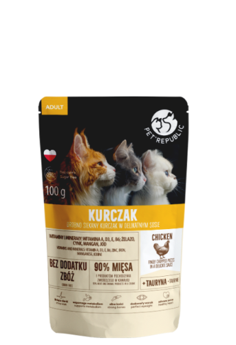 Pet Republic Adult Kurczak, Siekane Kawałki w Delikatnym Sosie 100g, Polski Producent, Nowość! 