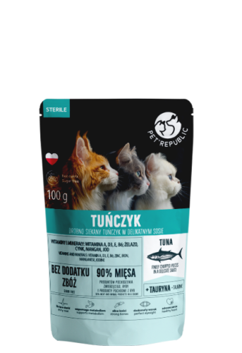 Pet Republic Sterile Tuńczyk, Siekane Kawałki w Delikatnym Sosie 100g, Polski Producent, Nowość!   
