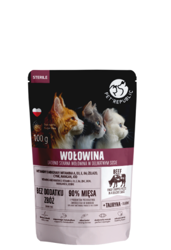 Pet Republic Sterile Wołowina, Siekane Kawałki w Delikatnym Sosie 100g, Polski Producent, Nowość!    