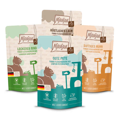 MjAMjAM Multipack Pakiet Saszetek PUR MONOPROTEINOWY, CZYSTE Mięsa! 12x125g, Czysta Jagnięcina, Czysta Wołowina, Czysty Kurczak i Czysty Indyk!