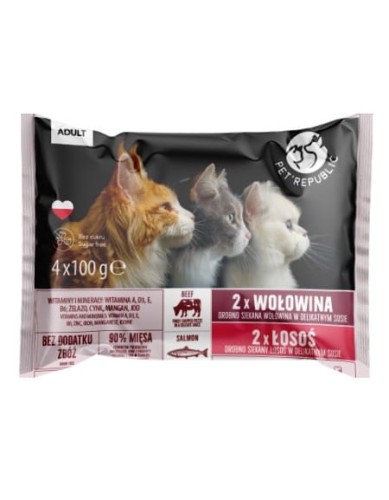 Pet Republic Adult Łosoś i Wołowina Siekane Kawałki  4x100g, Polski Producent, Nowość!  DUŻA Ilość Sosu! 