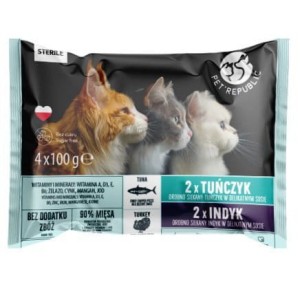Pet Republic Steril Indyk i Tuńczyk Siekane Kawałki  4x100g, Polski Producent, Nowość!  DUŻA Ilość Sosu!  