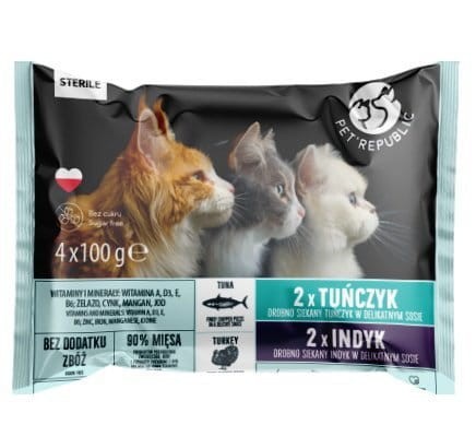 Pet Republic Steril Indyk i Tuńczyk Siekane Kawałki  4x100g, Polski Producent, Nowość!  DUŻA Ilość Sosu!  