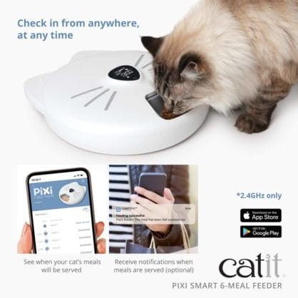 Catit Pixi 6 - Meal Smart Feeder Automatyczne Karmidło Podajnik Pokarmu, Aplikacja i Powiadomienia na Telefon! Możliwość ustawienia harmonogramu 6 posiłków! 6 Miseczek! 2 Wkłady Lodowe Zapewniające Świeżość Karmy! 32x34,5x9,2 cm, kolor biały