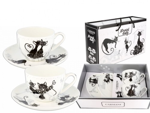 Carmani Komplet 2 Porcelanowych Filiżanek ze Spodkami w Eleganckim Pudełku , Crazy Cats, Wzór 1