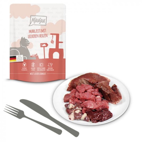 MjAMjAM Pyszny Posiłek z Sercami Wołowymi i Sercami z Kurczaka  Saszetka 300g, NOWA Gramatura!