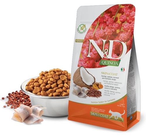 N&D Cat Quinoa Śledź z Quinoa, Kokosem, Kurkumą I Inuliną Skin & Coat 1,5 kg, BEZ ZBÓŻ! Dla Zdrowej Skóry i Pięknej Sierści! Naturalny Prebiotyk w Składzie! NOWOŚĆ!