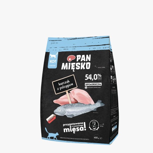Pan Mięsko Kurczak z Pstrągiem 400g, Mały Rozmiar Chrupek, Polski Producent! Nowość! 