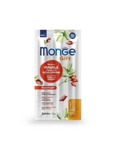 Monge Gift Soft Sticks Fussy Cats Wieprzowina z Dziką Różą i Serem Dla Wybrednych Kotów 15g (3 Sztuki), Miękkie Paluszki, Naturalne Przeciwutleniacze z Dzikiej Róży! Nowość!