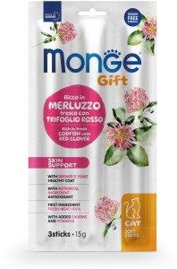 Monge Gift Soft Sticks Adult Cat Skin Support Dorsz z Czerwoną Koniczyną 15g (3 Sztuki), Miękkie Paluszki, Wsparcie Zdrowej Skóry i Lśniącej Sierści! Nowość! 