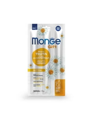 Monge Gift Soft Sticks KITTEN Pstrąg z Rumiankiem 15g (3 Sztuki), Miękkie Paluszki, Dodatek Tauryny i Relaksującego Rumianku! Nowość!  