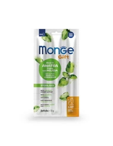 Monge Gift Soft Sticks Sterilised Kaczka z Żurawiną i Melisą 15g (3 Sztuki), Miękkie Paluszki, Wsparcie Układu Moczowego! Nowość!   
