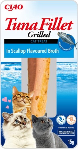 Inaba Cat  Tuna Fillet Grillowany Filet z Tuńczyka w Bulionie z Przegrzebków 15g, Nowość! 