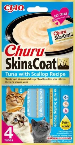 Inaba Churu Creamy Treat Skin & Coat Tuńczyk i Przegrzebki 4x14g, Kremowy Przysmak w Oddzielnych Tubkach, Nowość! Zdrowa Skóra i Piękna Sierść! Nowość! 