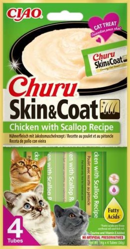 Inaba Churu Creamy Treat Skin & Coat Kurczak i Przegrzebki 4x14g, Kremowy Przysmak w Oddzielnych Tubkach, Nowość! Zdrowa Skóra i Piękna Sierść! Nowość!  