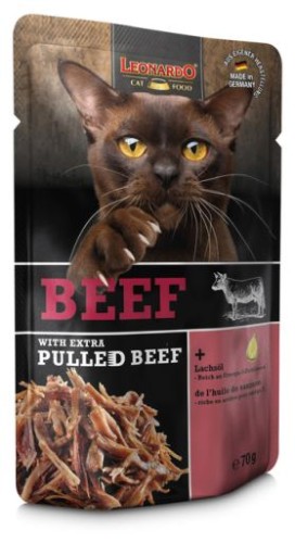 Leonardo Pulled Beef Wołowina z Extra Szarpaną Wołowiną 70g, Nowość! Formuła z Olejem z Łososia!