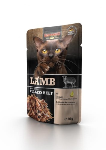 Leonardo Pulled Beef Jagnięcina z Extra Szarpaną Wołowiną 70g, Nowość! Formuła z Olejem z Łososia!   
