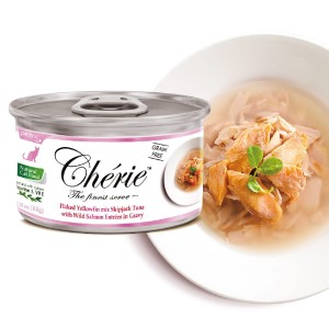 Pettric Cherie Tuńczyk Żółtopłetwy i Tuńczyk Bonito z Dzikim Łososiem w Sosie 80g, Nowość! 