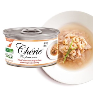 Pettric Cherie Tuńczyk Żółtopłetwy i Tuńczyk Bonito z Krewetkami w Sosie 80g, Nowość!  