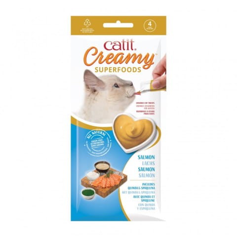 Catit Creamy Superfood Łosoś, Komosa Ryżowa i Spirulina! 4x10g, Przysmaki w Postaci Pasty,  1 Tubka TYLKO 6,4 kcal! Nowość!  