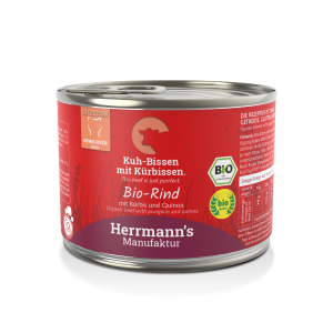 Herrmann's Menu Ekologiczna Wołowina z Dynią i Quinoa 200g, NOWA Receptura! 93,5% Ekologicznej Wołowiny, TYLKO 6,6% Tłuszczu! Nowość!