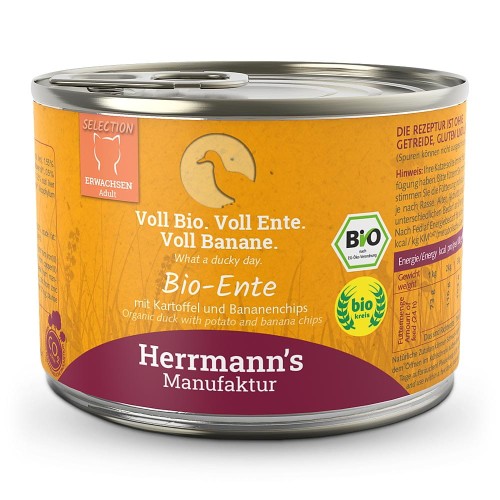 Herrmann's Menu Ekologiczna Kaczka z Ziemniakami i Czipsami Bananowymi 200g, NOWA Receptura!  94,2% Ekologicznej Kaczki! Składniki z Kontrolowanej Produkcji! Nowość!