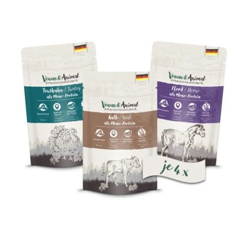Venandi Animal Monoproteinowy Pakiet Próbny II 12x125g, Monobiałkowe Indyk, Cielęcina i Konina Po 4 Sztuki w Zestawie, Nowość! 