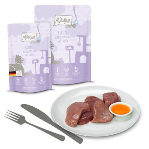MjAMjAM Wyśmienita Cielęcina z Olejem z Łososia Dla Kociąt Saszetka 300g, Nowa Gramatura!