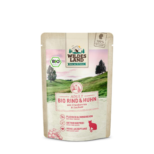 Wildes Land Bio Wołowina i Kurczak z Żurawiną i Olejem z Łososia 85g! Składniki z Upraw i Hodowli Kontrolowanych Ekologicznie! Nowość! 