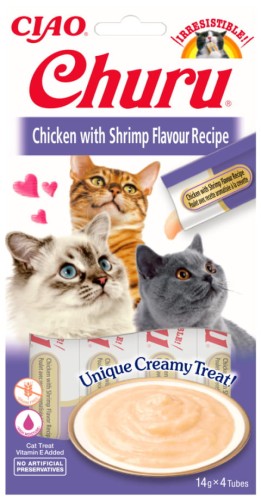 Inaba Churu Creamy Treat Kurczak z Krewetkami 4x14g, Kremowy Przysmak!  1 Tubka to TYLKO 6kcal!   