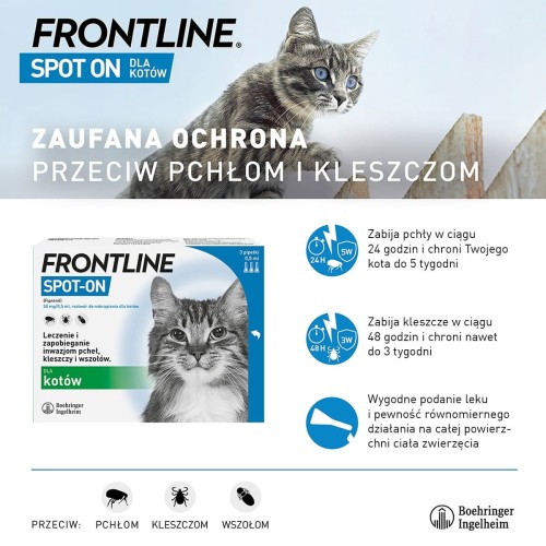 Frontline Spot On Dla Kota 3 x 0,5ml Zwalczanie i Zapobieganie Inwazji Pcheł i Kleszczy u Kotów!