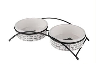 YARRO Miska Ceramiczna Podwójna Dla Kota Na Stojaku Metalowym Z Napisami i Kostką! 2* 15x5 cm, Nowość! 