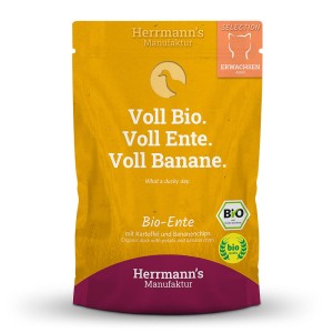 Herrmann's Menu Ekologiczna Kaczka z Ziemniakami i Czipsami Bananowymi 100g, NOWA Receptura!  94,2% Ekologicznej Kaczki! Składniki z Kontrolowanej Produkcji! Nowość! 