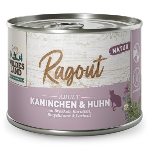 Wildes Land Natur Ragout Królik i Kurczak z Brokułami, Marchewką i Nagietkiem 180g! DUŻA Ilość Sosu! Dodatek Oleju z Łososia! Nowość!  