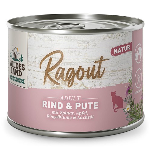 Wildes Land Natur Ragout Wołowina i Indyk ze Szpinakiem, Jabłkiem i Nagietkiem 180g! DUŻA Ilość Sosu! Dodatek Oleju z Łososia! Nowość!   