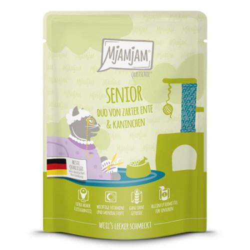 MjAMjAM SENIOR DUO Delikatna Kaczka i Królik z Dodatkiem Małży Zielonowargiej 300g! Cykoria Dla Zdrowych Jelit! Nowość! 