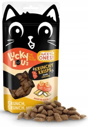 Lucky Lou Crunchy Krisps Kurczak 60g, Chrupiące Poduszeczki Z Kremowym Nadzieniem, Bez Zbóż i Cukrów, Dodatek Żurawiny i Tauryny! Nowość! 