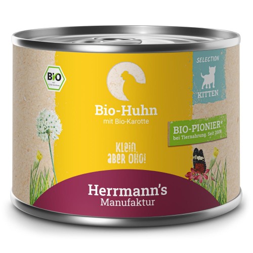 Herrmann's Manufaktur Kitten Bio Kurczak z Marchewką i Olejem z Łososia Dla Kociąt 200g, Nowość! Mięso i Dodatki z Produkcji Kontrolowanej Ekologicznie!  