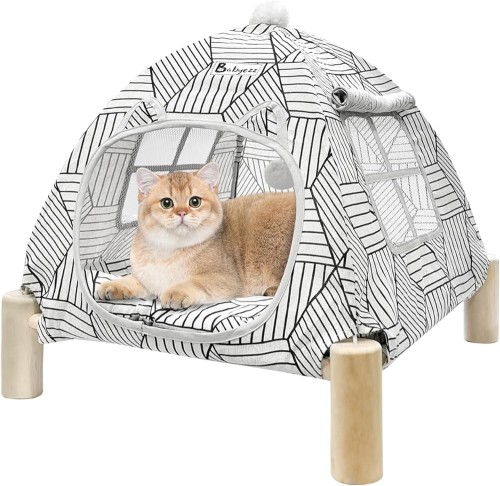 Podwyższane Legowisko Dla Kota Budka Z Wyjmowaną Poduszką 49,7 x 49,7 x 54,8 cm! Stelaż Na Drewnianych Nóżkach! Lekkie i Przewiewne! Wzór Geometryczny! Nowość!  